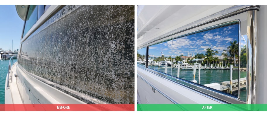 Luxury yacht glass water spot restoration
